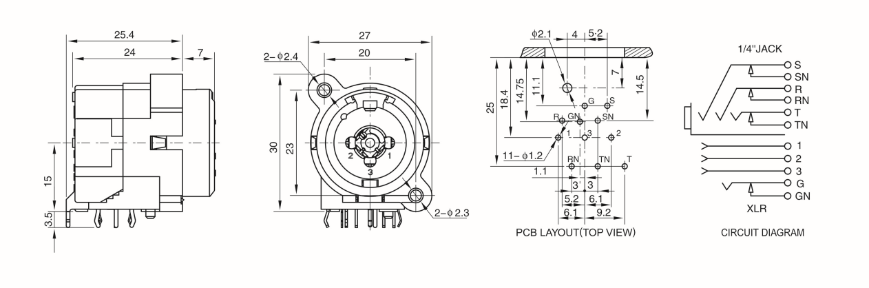 XLR Combo Jack Connector 3 Pole Female Panel Mount Socket With