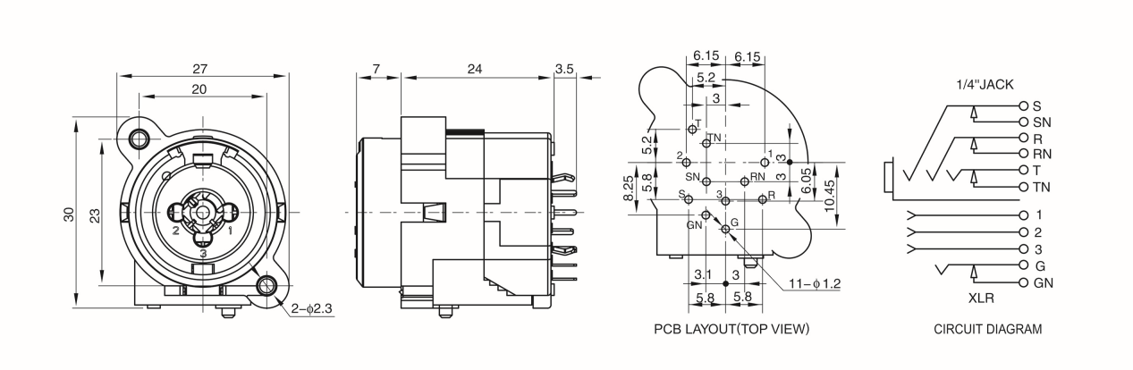 Neutrik XLR Female Chassis Connector 3 Pole Receptacle With 6.35mm 14 Inch Mono Jack Replacement