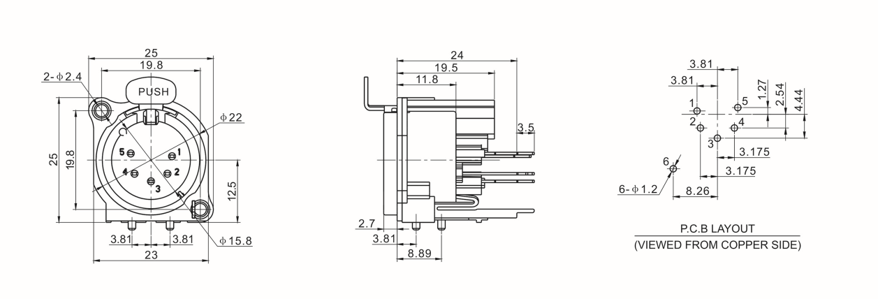 Push XLR Connector 5 Pole Female Receptacle Chassis Mount Connector